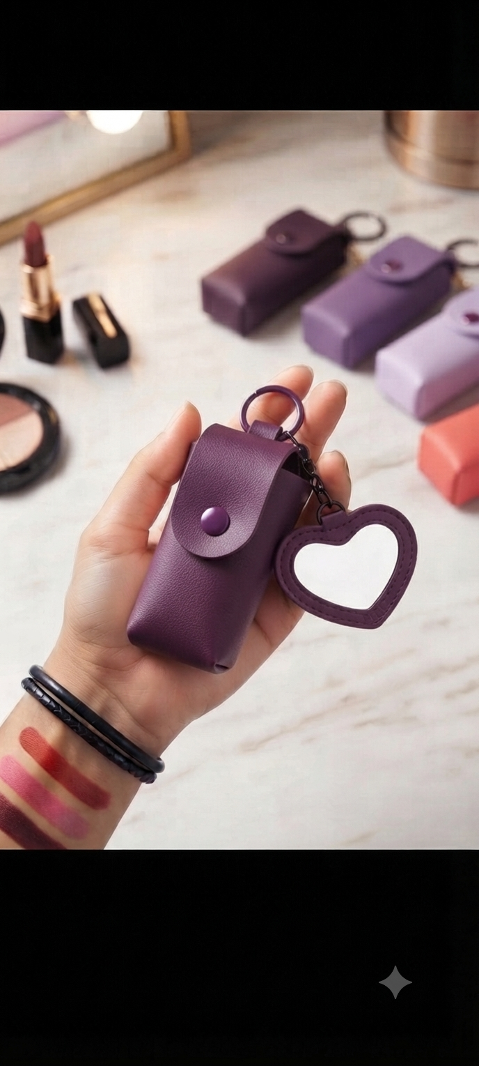 Heart Mirror Hanging Pouch Lipstick Holder Keychain | Cute Portable PU Leather Lipstick Case & Bag Charm