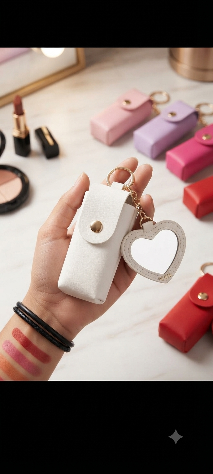 Heart Mirror Hanging Pouch Lipstick Holder Keychain | Cute Portable PU Leather Lipstick Case & Bag Charm