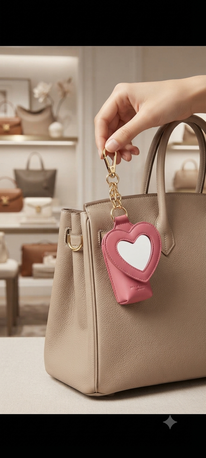 Heart Mirror Hanging Pouch Lipstick Holder Keychain | Cute Portable PU Leather Lipstick Case & Bag Charm