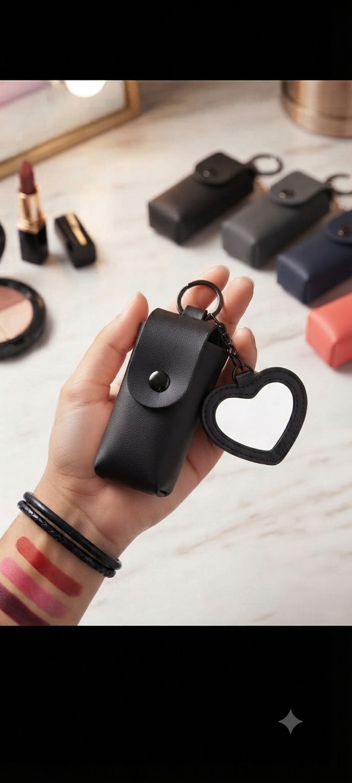 Heart Mirror Hanging Pouch Lipstick Holder Keychain | Cute Portable PU Leather Lipstick Case & Bag Charm