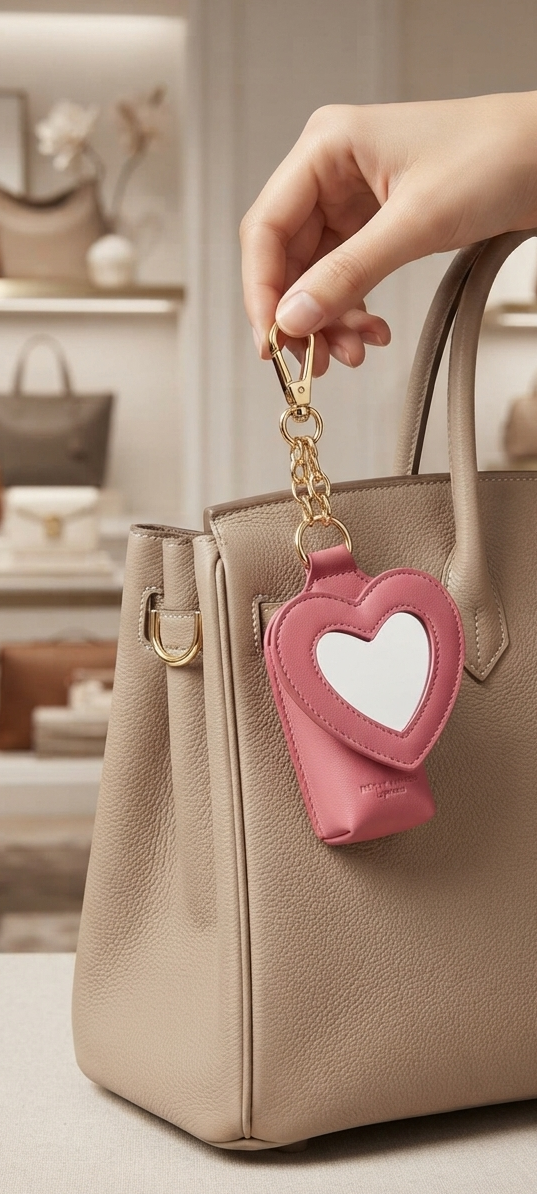 Heart Mirror Hanging Pouch Lipstick Holder Keychain | Cute Portable PU Leather Lipstick Case & Bag Charm