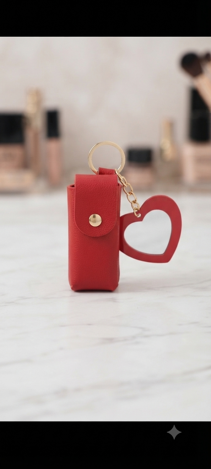 Heart Mirror Hanging Pouch Lipstick Holder Keychain | Cute Portable PU Leather Lipstick Case & Bag Charm